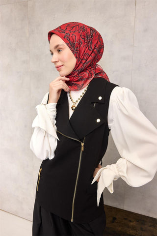 Pamuk Polyester Soft Eşarp Kırmızı Zemin Vizon-Siyah Lilyum Desenli Kaymaz Tok
                Duruşlu 90X90