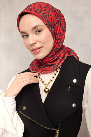 Pamuk Polyester Soft Eşarp Kırmızı Zemin Vizon-Siyah Lilyum Desenli Kaymaz Tok
                Duruşlu 90X90