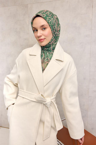 Pamuk Polyester Soft Eşarp Yeşil Lilium Desenli Kaymaz Dokulu 90X90