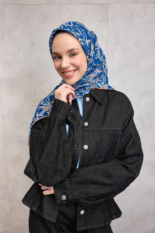 Pamuk Polyester Soft Eşarp Mavi Lilium Desenli Kaymaz Dokulu 90X90