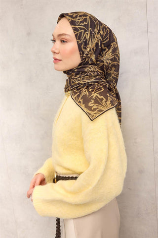 Pamuk Polyester Soft Eşarp Dumanlı Siyah Lilyum Desenli Tok Duruşlu 90X90