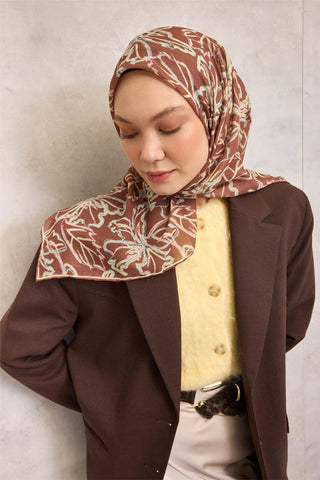 Pamuk Polyester Soft Eşarp Açık Kahverengi Lilium Desenli Kaymaz Dokulu 90X90 - Soft Eşarp - | Silk Home