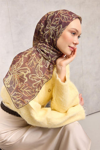 Pamuk Polyester Soft Eşarp Açık Kahverengi Lilium Desenli Kaymaz Dokulu 90X90 - Soft Eşarp - | Silk Home