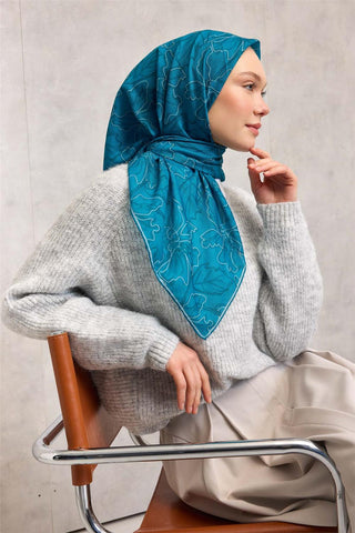 Cotton Polyester Soft Scarf, Cyan Lilium Pattern, Non-Slip Texture, 90x90 cm