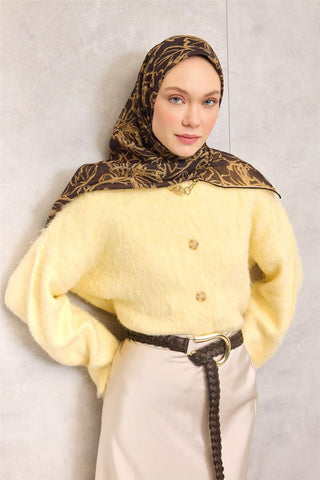 Pamuk Polyester Soft Eşarp Dumanlı Siyah Lilyum Desenli Tok Duruşlu 90X90 - Soft Eşarp - | Silk Home