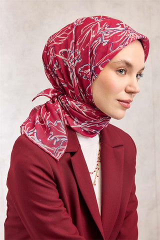 Pamuk Polyester Eşarp Fuşya-Mor Krem Desenli Soft Dokulu Tok Duruşlu 90X90 - Soft Eşarp - | Silk Home