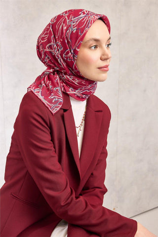 Pamuk Polyester Eşarp Fuşya-Mor Krem Desenli Soft Dokulu Tok Duruşlu 90X90 - Soft Eşarp - | Silk Home