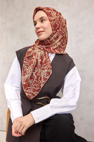 Pamuk Polyester Soft Eşarp Kiremit Lilium Desenli Kaymaz Dokulu 90X90 - Soft Eşarp - | Silk Home