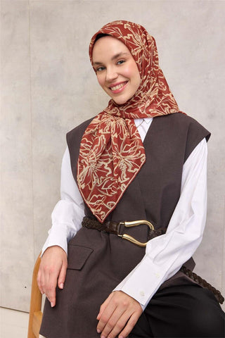 Pamuk Polyester Soft Eşarp Kiremit Lilium Desenli Kaymaz Dokulu 90X90 - Soft Eşarp - | Silk Home
