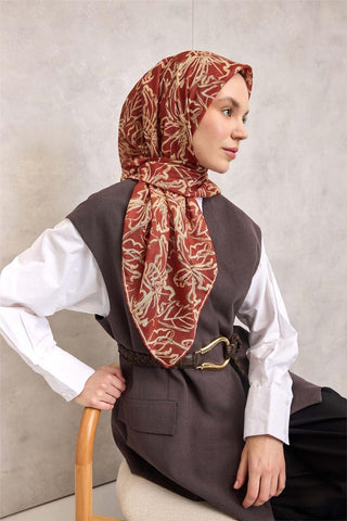 Pamuk Polyester Soft Eşarp Kiremit Lilium Desenli Kaymaz Dokulu 90X90 - Soft Eşarp - | Silk Home