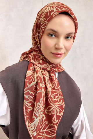 Pamuk Polyester Soft Eşarp Kiremit Lilium Desenli Kaymaz Dokulu 90X90 - Soft Eşarp - | Silk Home