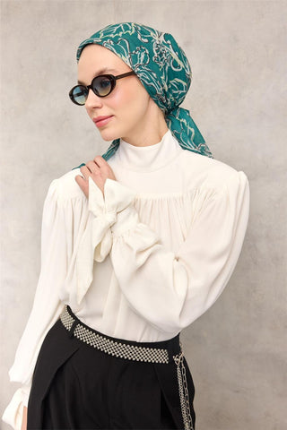Pamuk Polyester Soft Eşarp Patina Yeşili Lilium Desenli Kaymaz Dokulu 90X90 - Soft Eşarp - | Silk Home