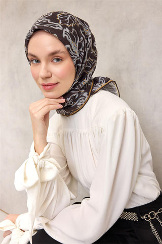 Cotton Polyester Soft Scarf, Pale Mustard Lily Pattern, Firm Structure, 90x90 cm.