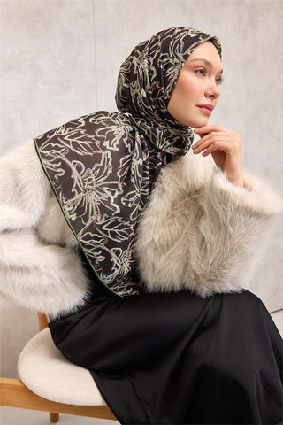 Pamuk Polyester Soft Eşarp Soluk Siyah Lilyum Desenli Tok Duruşlu 90X90 - Soft Eşarp - | Silk Home