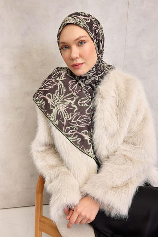 Pamuk Polyester Soft Eşarp Soluk Siyah Lilyum Desenli Tok Duruşlu 90X90 - Soft Eşarp - | Silk Home