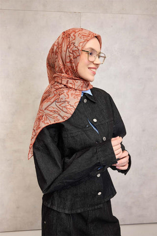 Pamuk Polyester Soft Eşarp Somon Lilium Desenli Kaymaz Dokulu 90X90 - Soft Eşarp - | Silk Home