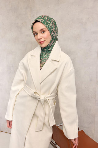 Pamuk Polyester Soft Eşarp Yeşil Lilium Desenli Kaymaz Dokulu 90X90 - Soft Eşarp - | Silk Home
