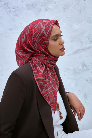 Soft Pamuk Eşarp Mercan Vizon Bordo Geometrik Desenli Hafif Dokulu 90X90
