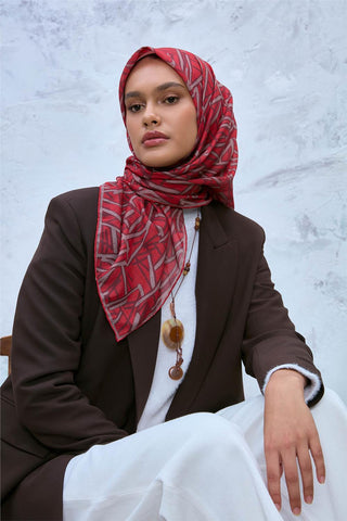 Soft Pamuk Eşarp Mercan Vizon Bordo Geometrik Desenli Hafif Dokulu 90X90