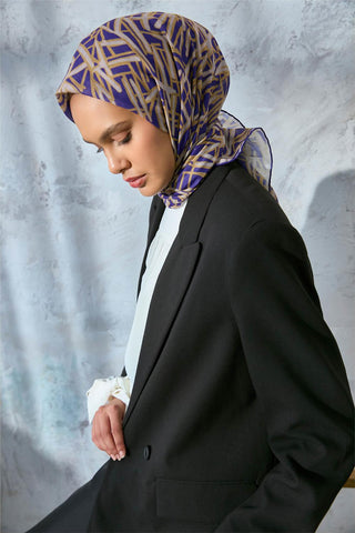 Soft Cotton Scarf, Purple, Yellow, Cream, Geometric Pattern, Lightweight Texture, 90x90 cm