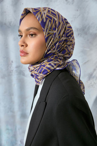 Soft Cotton Scarf, Purple, Yellow, Cream, Geometric Pattern, Lightweight Texture, 90x90 cm