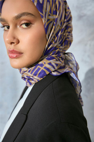 Soft Cotton Scarf, Purple, Yellow, Cream, Geometric Pattern, Lightweight Texture, 90x90 cm