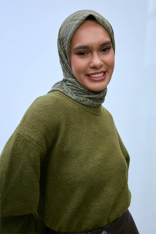 Soft Cotton Scarf, Pastel Green, Khaki, Geometric Pattern, Lightweight Texture, 90x90 cm.