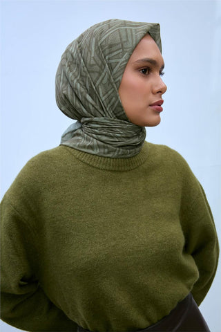 Soft Cotton Scarf, Pastel Green, Khaki, Geometric Pattern, Lightweight Texture, 90x90 cm.