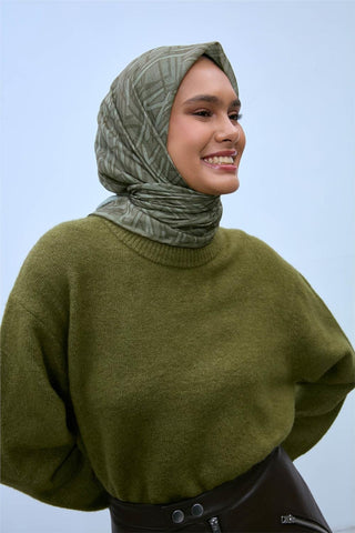 Soft Cotton Scarf, Pastel Green, Khaki, Geometric Pattern, Lightweight Texture, 90x90 cm.