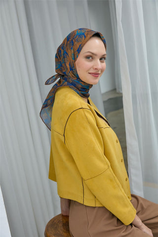 Pamuk Polyester Soft Eşarp Koyu Sarı Yaprak Desen 90*90 - Soft Eşarp - | Silk Home