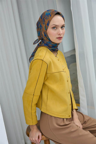 Pamuk Polyester Soft Eşarp Koyu Sarı Yaprak Desen 90*90 - Soft Eşarp - | Silk Home