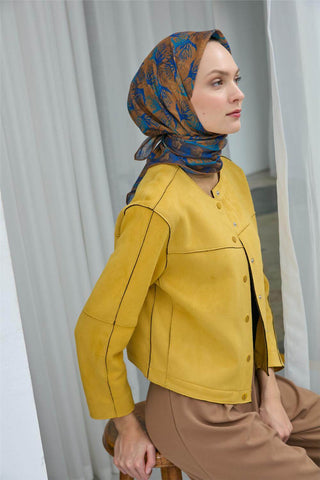 Pamuk Polyester Soft Eşarp Koyu Sarı Yaprak Desen 90*90 - Soft Eşarp - | Silk Home
