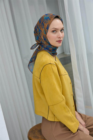 Pamuk Polyester Soft Eşarp Koyu Sarı Yaprak Desen 90*90 - Soft Eşarp - | Silk Home