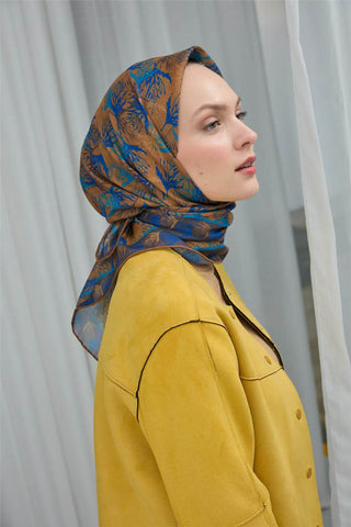 Pamuk Polyester Soft Eşarp Koyu Sarı Yaprak Desen 90*90 - Soft Eşarp - | Silk Home