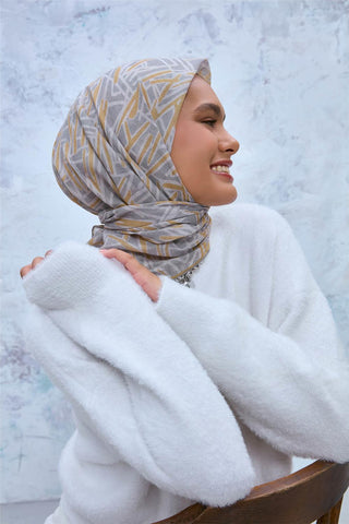 İnce Pamuk Soft Eşarp Gümüş-Hardal Geometrik Desenli Hafif Yapılı 90X90