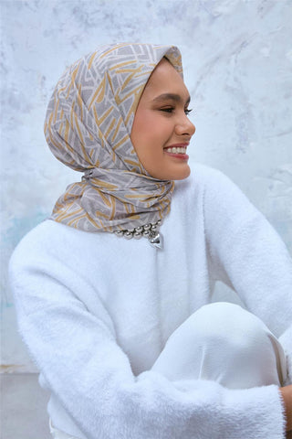 İnce Pamuk Soft Eşarp Gümüş-Hardal Geometrik Desenli Hafif Yapılı 90X90