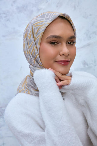 İnce Pamuk Soft Eşarp Gümüş-Hardal Geometrik Desenli Hafif Yapılı 90X90