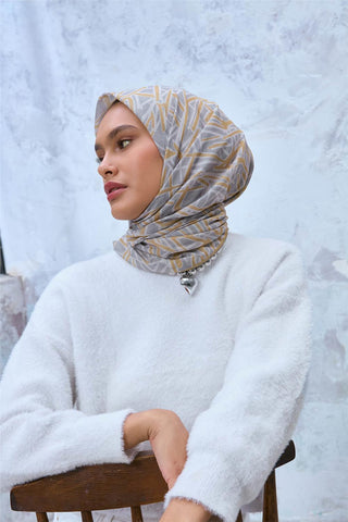 İnce Pamuk Soft Eşarp Gümüş-Hardal Geometrik Desenli Hafif Yapılı 90X90