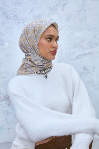 İnce Pamuk Soft Eşarp Gümüş-Hardal Geometrik Desenli Hafif Yapılı 90X90 - Soft Eşarp - | Silk Home