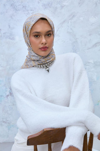 İnce Pamuk Soft Eşarp Gümüş-Hardal Geometrik Desenli Hafif Yapılı 90X90 - Soft Eşarp - | Silk Home