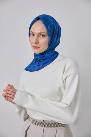 Pamuk Polyester Soft Eşarp Koyu Lacivert Yaprak Desen 90*90 - Soft Eşarp - | Silk Home
