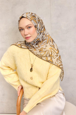Pamuk Polyester Soft Eşarp Bej Soyut Desenli Tok Duruşlu 90X90