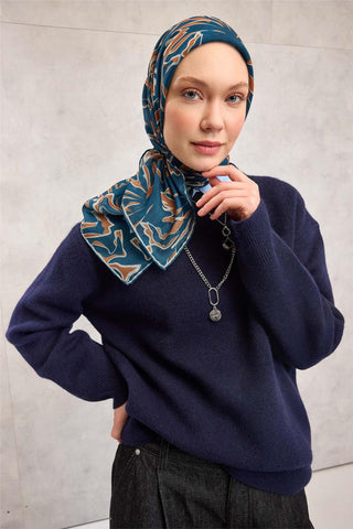 Pamuk Polyester Soft Eşarp Koyu Mavi Soyut Desenli Tok Duruşlu 90X90
