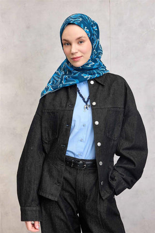 Pamuk Polyester Soft Eşarp Lacivert Soyut Desenli Tok Duruşlu 90X90 - Soft Eşarp - | Silk Home