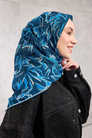 Pamuk Polyester Soft Eşarp Lacivert Soyut Desenli Tok Duruşlu 90X90 - Soft Eşarp - | Silk Home