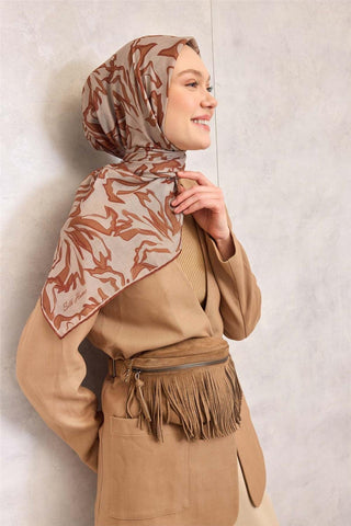 Pamuk Polyester Soft Eşarp Latte Soyut Desenli Tok Duruşlu 90X90 - Soft Eşarp - | Silk Home