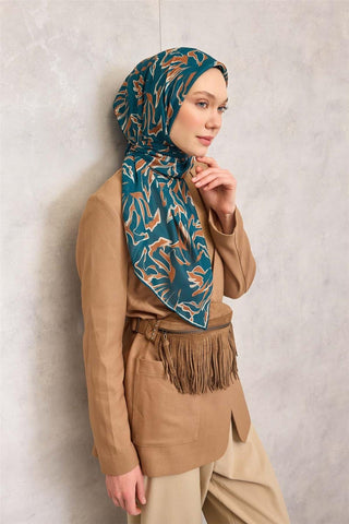 Pamuk Polyester Soft Eşarp Petrol Mavisi Soyut Desenli Tok Duruşlu 90X90 - Soft Eşarp - | Silk Home
