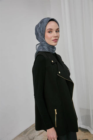 İnce Pamuk Soft Eşarp Antrasit Yaprak Desenli Hafif Dokulu 90X90