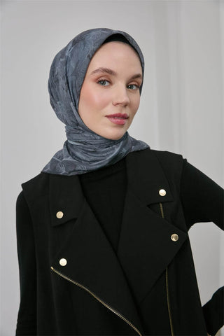 İnce Pamuk Soft Eşarp Antrasit Yaprak Desenli Hafif Dokulu 90X90