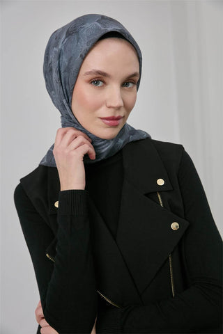İnce Pamuk Soft Eşarp Antrasit Yaprak Desenli Hafif Dokulu 90X90